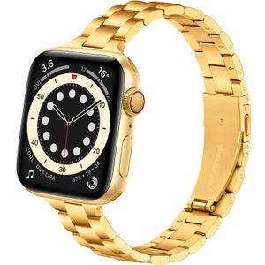 Lenrao Thin Stainless Steel Bands Compatible with Apple Watch 38mm/40mm/41mm/42mm(Series 11 10) for Women, Metal Straps for iWatch Series 11 10 9 8 7 6 5 4 3 2 1 SE (Gold)