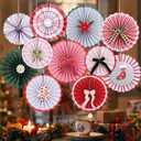 SUNBEAUTY Christmas Party Decorations Hanging Paper Fans Christmas Classroom Decorations Red Green White Paper Fans with Candy Bow for Xmas Holiday Ceilings Wall Decor Winter New Year Party Supplies