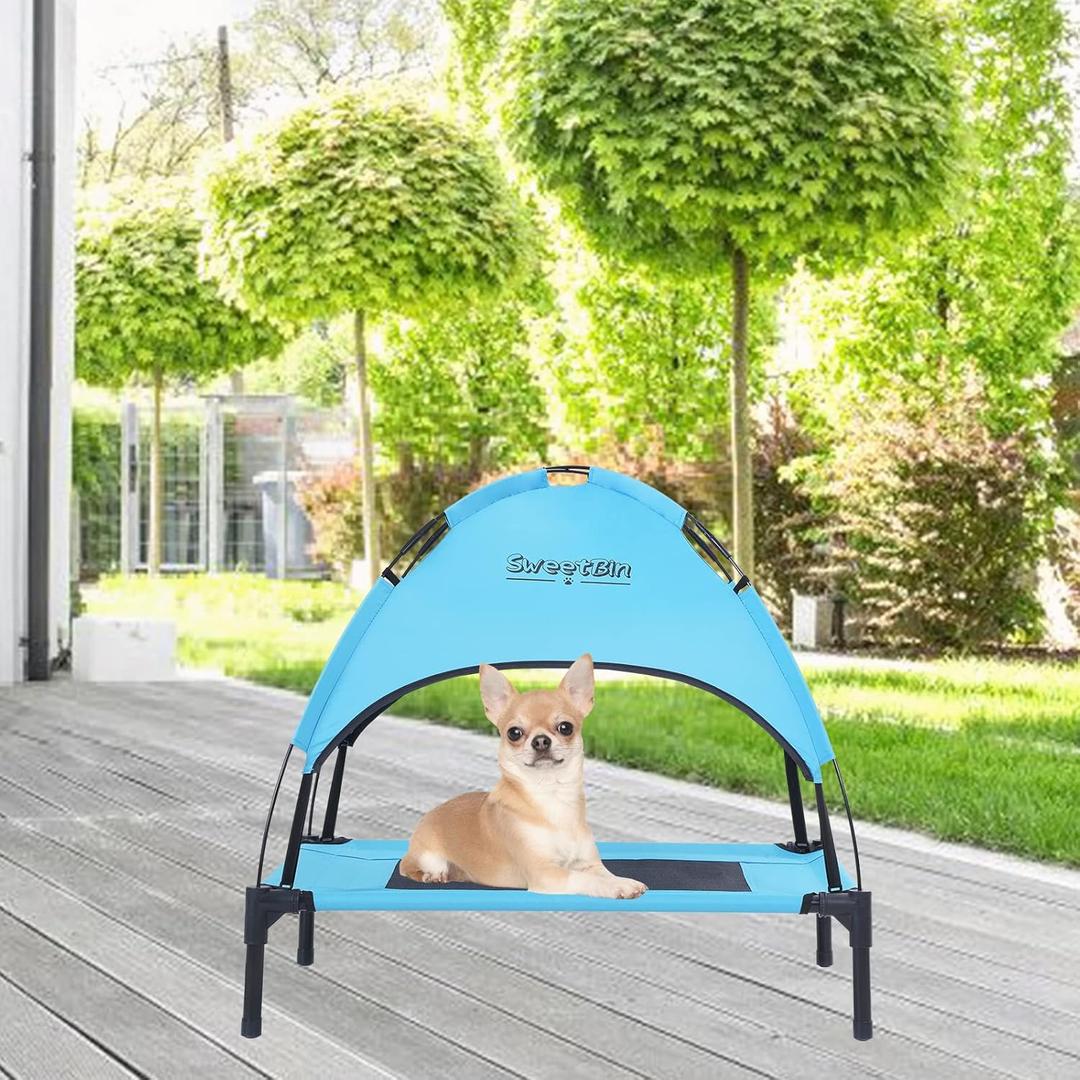S/M/L Outdoor Elevated Dog Cot with Canopy & Side Shade for Camping Small Medium Dogs (Carry Bag), Portable Cooling Raised Dog Bed with and Side for Beach (S (24"x18"x24"))