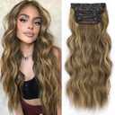 ALXNAN Clip in Long Wavy Synthetic Hair Extension 20 Inch Brown with Highlights 4PCS Thick Hairpieces Fiber Double Weft Hair for Women