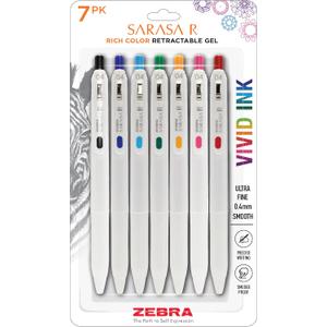 Zebra Pen, SARASA R Gel Pens, Assorted Ink Colors, 0.4mm Fine Point, Vivid Ink to Create Deep, Saturated Color and Smooth Gel Lines, Quick-Drying for Smear-Free Writing, Made in Japan, 7-Pack (47807)