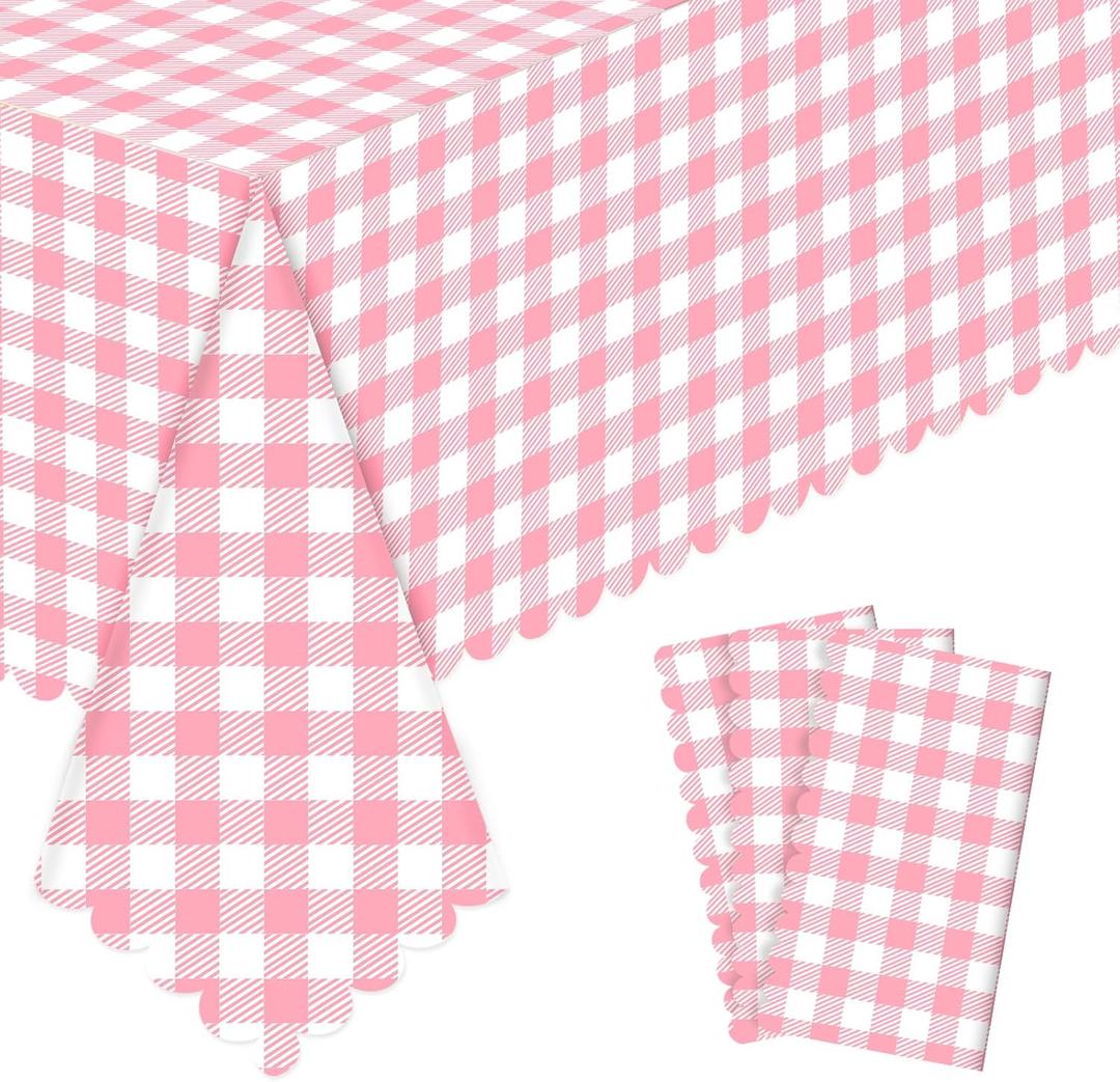 NatNarr 3 Pack Pink Gingham Tablecloths, 54 X 108Inch Scalloped Pink and White Checkered Table Cloth, Disposable Party Table Covers for Wedding Picnic Birthday Baby Bridal Shower Anniversay