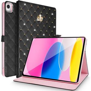 for iPad 10.2 Case 9th/8th/7th Generation (2021/2020/2019), Crown Bling Diamond Cute Elegant PU Leather Smart Auto Sleep/Wake Stand Shockproof Protective Case for Apple iPad 10.2 inch (Black)