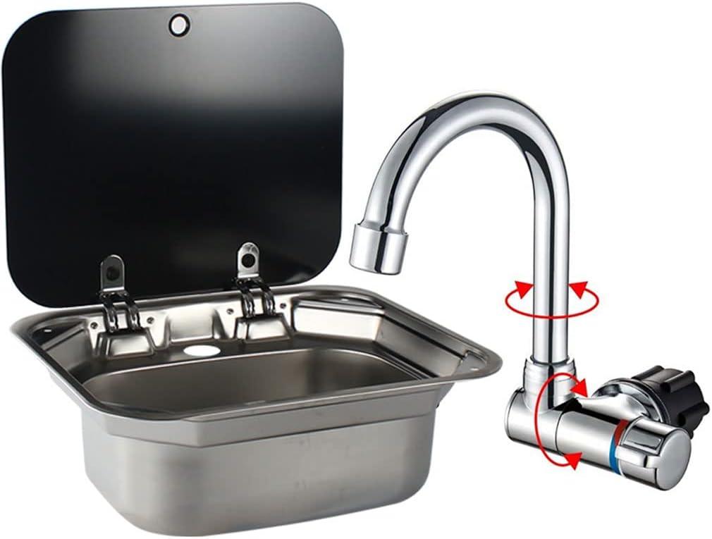 RV Sink Stainless Steel Kitchen Hand Wash Basin Sink with Folded Faucet Tempered Glass Lid Washbasin for Camper Trailer Caravan (Sink with Faucet U)