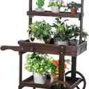 Hanaive Flower Cart Display Stand with Wheels for Bridal Shower Baby Shower Party Large Country Market Vintage Wooden 3 Tier Cart for Display Flower Candy Party Crafted Items (Carbonized Color)