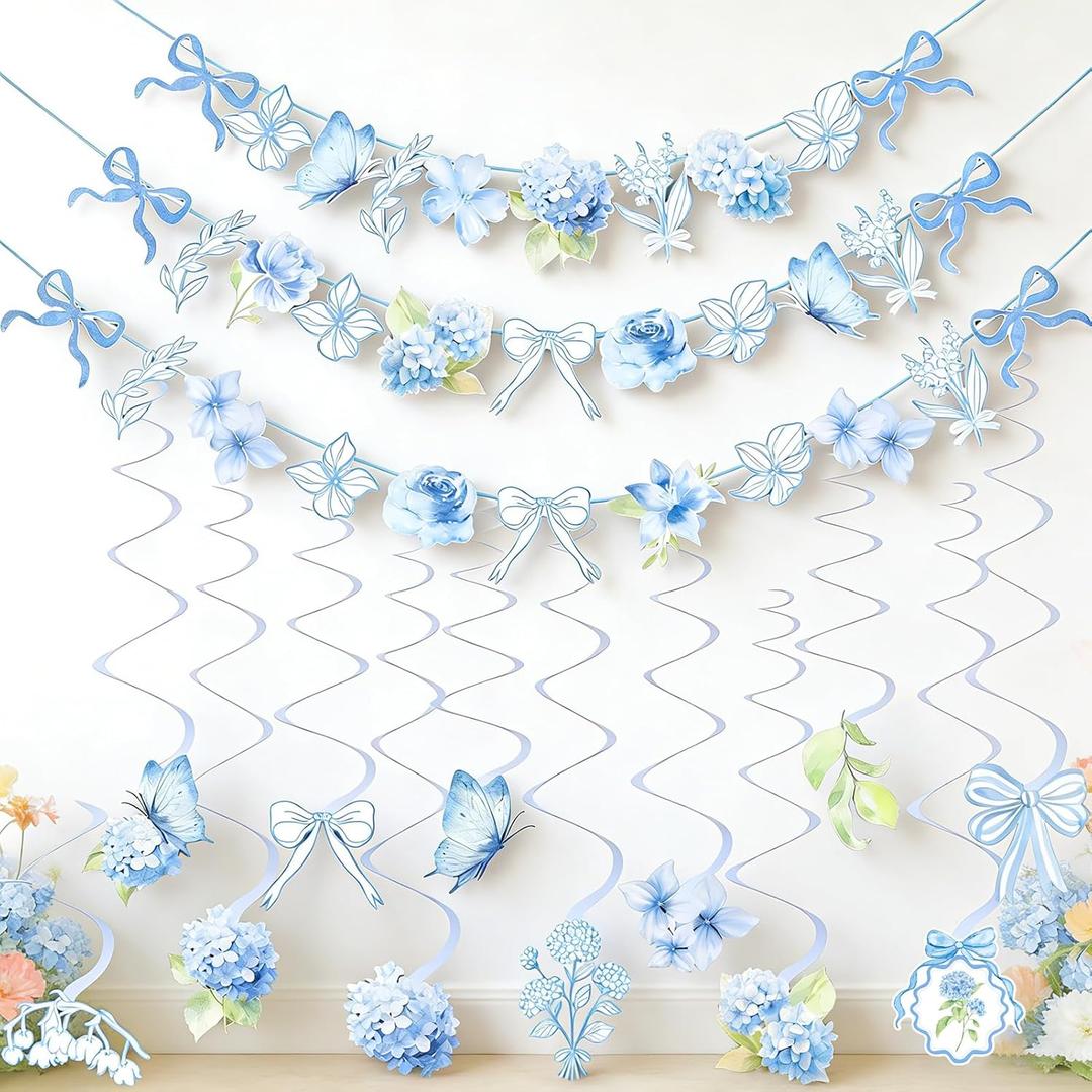 Blue Party Decorations, Blue Hydrangea Flower & Bow Themed Party Decorations, with 3 Pre-strung Flower Banners and 20 Hanging Swirls for Women Girl Birthday, Baby Showers, Bridal Showers, Birthdays, Tea Parties