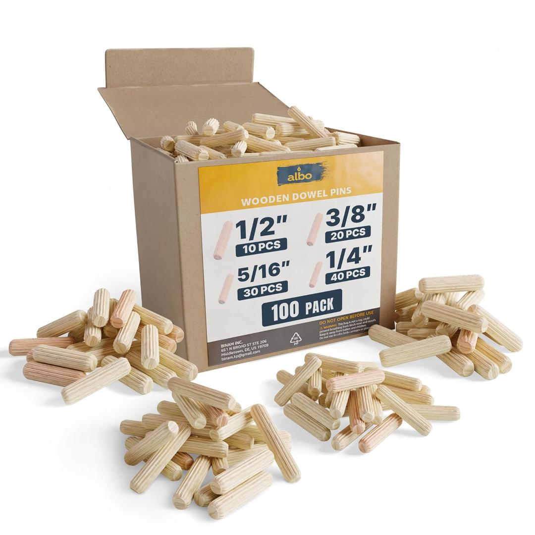 ALBO Wooden Dowel Pins 100 Pack Assorted Sizes 1/2 + 3/8 + 5/16 + 1/4 inch Fluted Wood Dowels Rods Hardwood Crafts Dowel Pegs