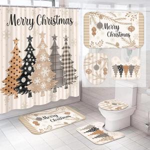4 Pcs Christmas Shower Curtains Set Stripes Pine Trees Xmas Bathroom Set, Christmas Tree Shower Curtain with 12 Hooks Non Slip Rug Toilet Lid Cover and Bath Mat for Xmas Winter Holiday Supply (Red)