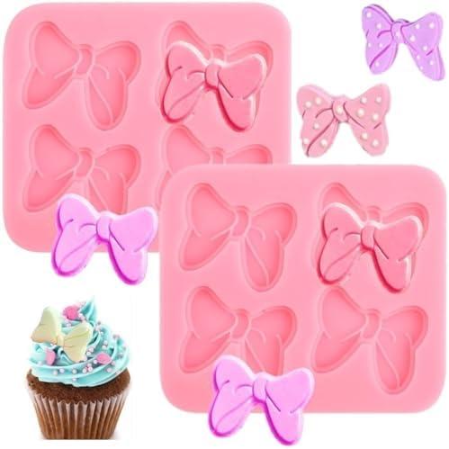 Bow Silicone Mold,2 Pcs 4 Hole Bow Chocolate Mold,Bows Fondant Molds Sugar Candy Cake Pop Mouse Bow Cartoon Butterfly Tie Craft Molds for DIY Birthday Party Cake Decorating