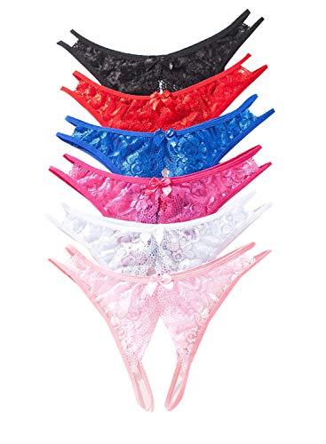 Justgoo Womens Lace G-String Thongs Panties Underwear Low Rise T-Back Underpants Pack of 1-6, M