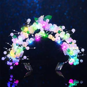 JEAIRTS Light Up Pearl Tiaras Silver Flower Crown Headband Glow Bridal Beaded Headpiece Flashing Costume Prom Hair Accessories for Women