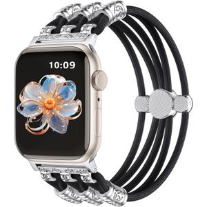 Beaded Bands Compatible with Apple Watch Band 40mm 42mm 38mm 41mm 45mm 44mm 49mm Women, Boho Solace Stretchy Cute Braided Bracelet Band for iWatch Band Series SE Ultra 10 9 8 7 6 5 4 3 2 1 (Black - Boho Silver Beading)