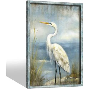 Sea Bird Wall Art Framed: Coastal Heron Wooden Picture Blue Ocean Seascape Painting Large Beach Seashore Prints Artwork for Bathroom Bedroom Living Room (45"L x 30"W)