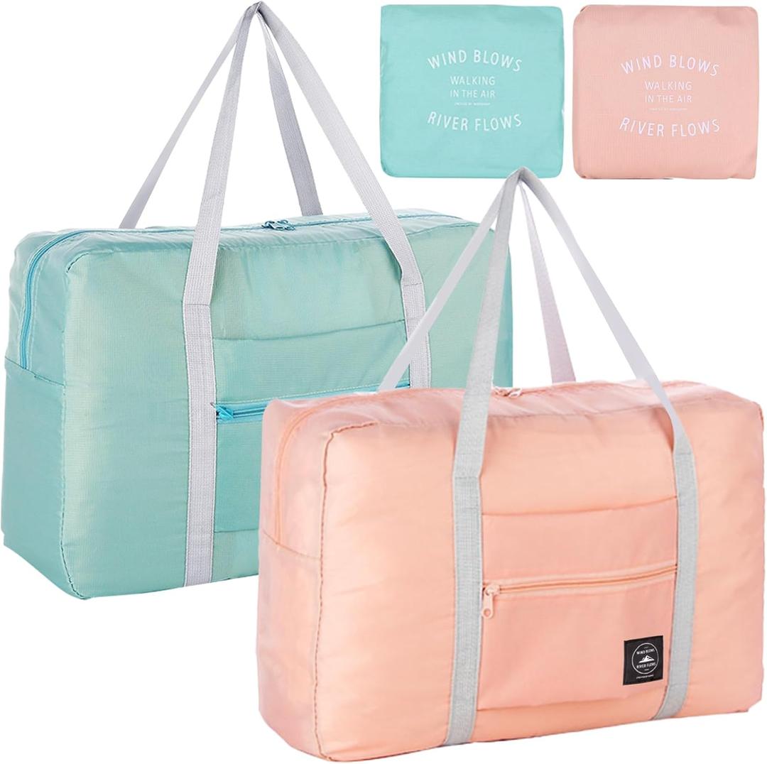 Foldable Travel Duffel Bag 2PCS Tote Carry on Luggage Bag Spirit Airlines Personal item Sports Gym Bag Water Resistant Weekender Overnight Bags for Women and Men (Green+Pink)