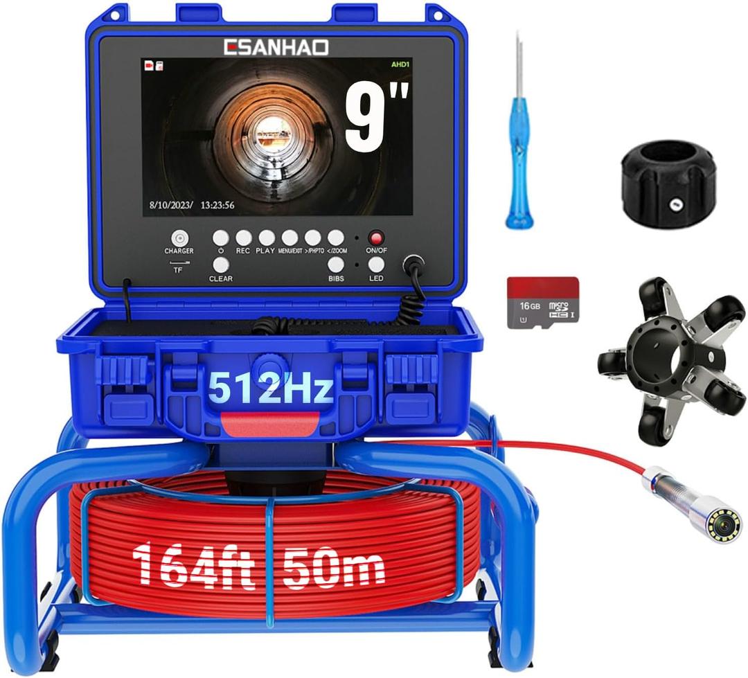 Sewer Camera with Self-Leveling & 512Hz Transmitter & Distance Counter Pipe Drain Inspection Camera 9" Monitor Borescope Industrial Endoscope (12pcs Light,16GB DVR,164ft/50m)