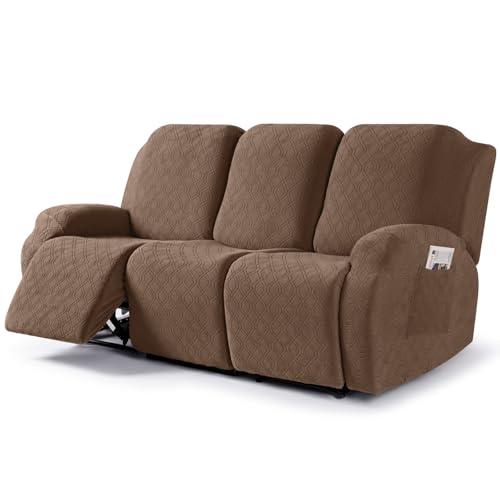 VANSOFY Recliner Cover, 3-Pieces Stretch Reclining Couch Covers with Pockets Reclining Sofa Slipcovers 3 Seater Soft Washable Furniture Protector for Dogs Cats(Light Coffee)
