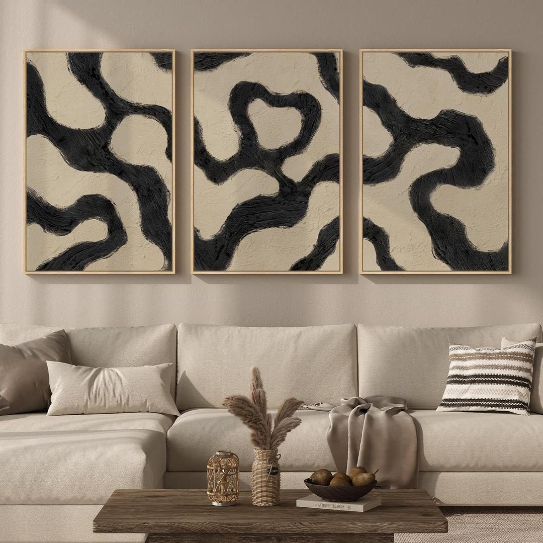 Framed Neutral Abstract Wall Art for Living Room, 3 Piece Black and Beige Mid Century Modern Painting Print, Large Line Canvas Artwork for Dining Room Bedroom Hallway Office Walls Decor, 24x36 Inch, 24" W x 36" H x 3Pcs