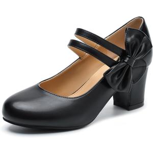 fereshte Women's Mary Jane Pumps with Bow, Round Closed Toe, Double Strap Chunky Heel Shoes, Size 7.5