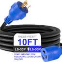 3 Prong 30 Amp 10 Foot Generator Extension Cord, NEMA L5-30P/L5-30R, 125/250V Up to 7500W 10 Gauge SJTW Generator Cord, ETL Listed