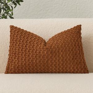 UGASA Fall Velvet 12x20 Inch Lumbar Throw Pillow Cover, Both Sides Corduroy Striped, Soft Solid Decorative Rectangular Cushion Case for Couch/Bedroom, 1 Piece, Rust