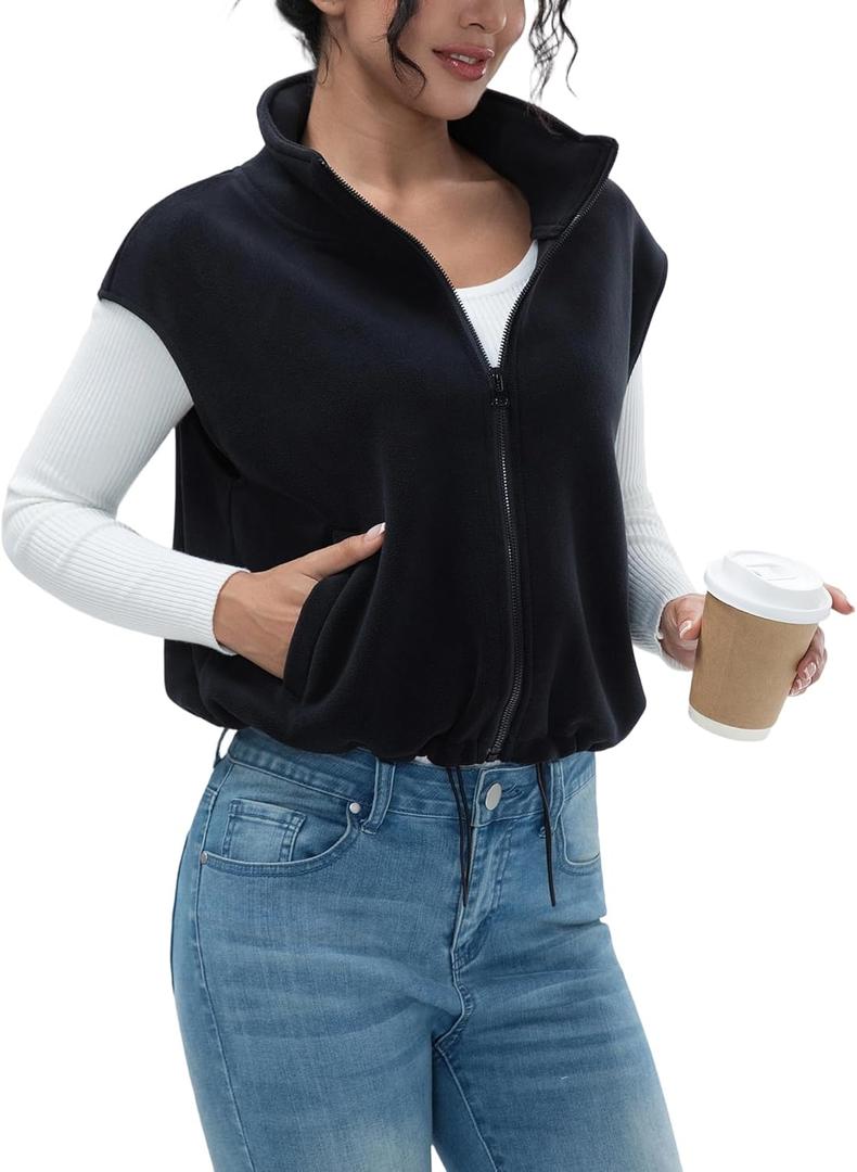 Women's Full Zip Fleece Short Vest Warm Winter Sleeveless Stand Collar Sherpa Crop Coat (X-Large, Black)