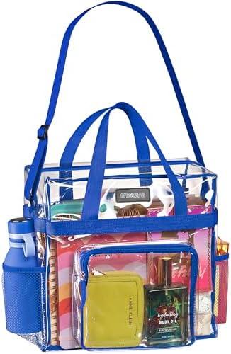 Masirs Clear Tote Bag Stadium Approved - Mesh Pockets Shoulder Straps Zippered Top Perfect for Work Games Concerts