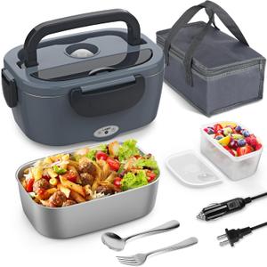 Vingud Electric Lunch Box for Adults, Heated Lunch Box Food Warmer, 80W 1.5L Portable Heating Lunchbox for Men/Work/Car/Truck, 12V 24V 110V Lonchera Eléctrica Portátil Christmas White Elephant Gifts
