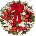 Garveehome 24 in Christmas Wreath With Lights for Front Door, Pre-Lit Christmas Wreath, Battery Operated, Lighted Xmas Door Wreath with Ball Ornaments for Christmas Door Fireplace Decor, Red and White