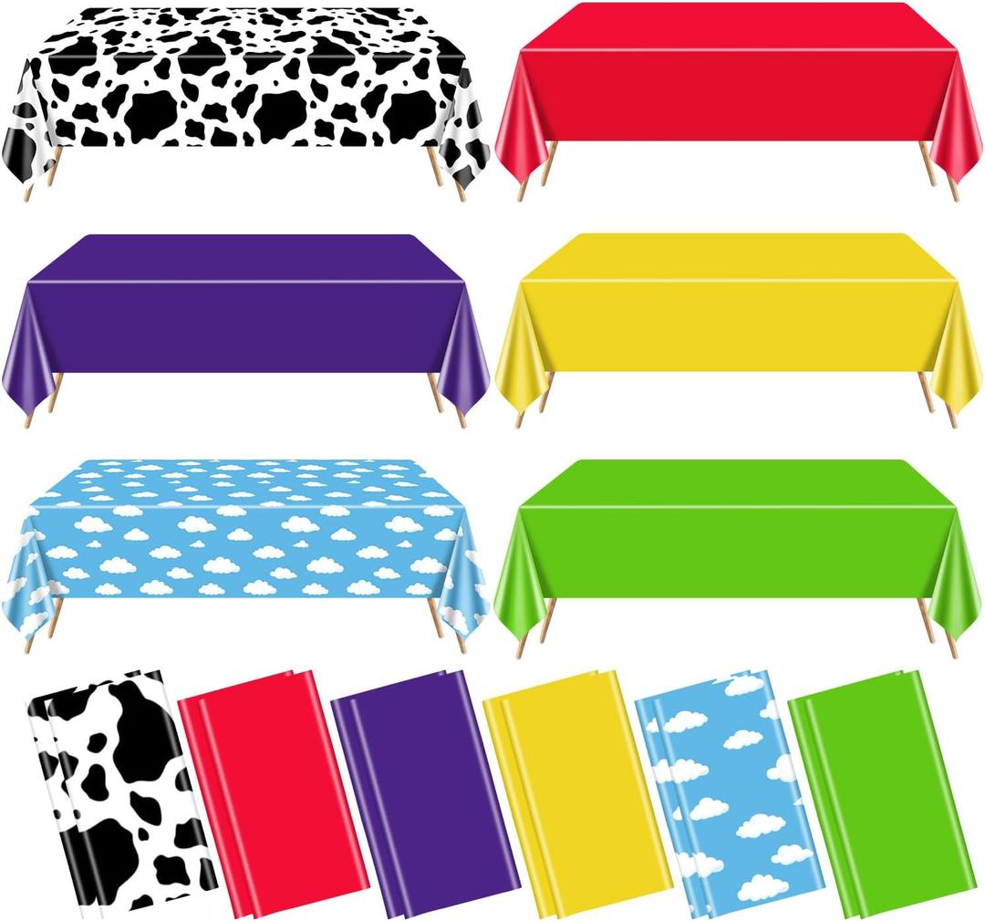 12 Pack Story Tablecloths Mix Color Plastic Table Cover Cow Pattern Printed Check Tablecover Story Birthday Party Supplies for Boy Baby Shower Decorations 87 x 51 inch