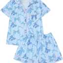 WDIRARA Women's 2 Piece Bow Print Pajama Set Short Sleeve Button Down Lounge Shorts Sleepwear Sets (Medium, Blue)