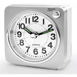 Minimalist Battery Analog Travel Alarm Clock, Silver Table Desk Shelf Clocks for Bedrooms, Small Beside Clock, Ascending Alarm, Maximalist Decor, Silver