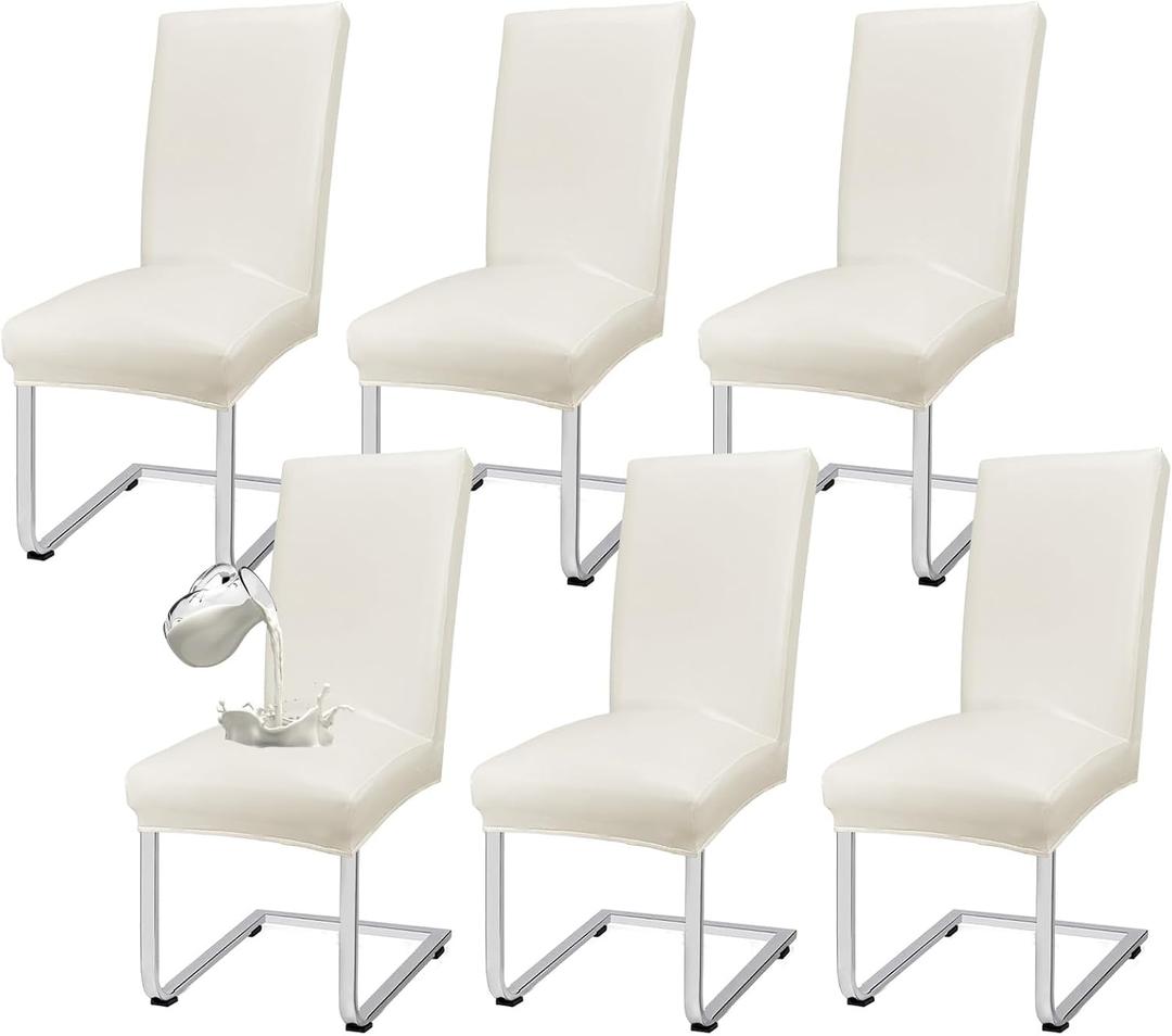 PU Leather Dining Chair Covers Removable 100% Waterproof Chair Covers for Dining Chairs Set of 6, Stretchy & Soft High Back Kitchen Chairs Cover Protectors (Cream)