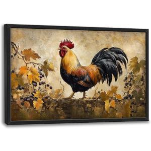 Flintis Large Rooster Framed Wall Art Vintage Chicken Grapevine Pictures Wall Decor Abstract Animal Canvas Painting Print Artworks Decor Framed for Living Room Bathroom Master Bedroom 60L X 30W
