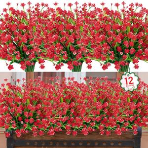 Ouddy Decor 12 Bundles Artificial Flowers for Outdoors UV Resistant Fake Plastic Plants Faux Greenery Stems for Spring Summer Indoor Garden Patio Window Box Kitchen Home Decor, Red