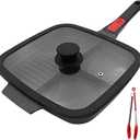 3 Section Grill Pan for Stove Tops with Detachable Handle, Nonstick Versatile Griddle Pan with Lid, Square Skillet PFOA Free, Black