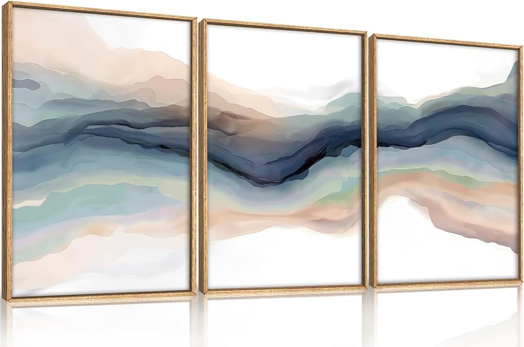 HLNIUC Blue Abstract Wall Art, Watercolor Line 24"x36" Framed Art Set of 3, Modern Wave Canvas Wall Decor, Natural Landscape Paint Stroke Prints for Living Room, Bedroom, Office (24L" x 36W")