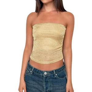 Women Sexy Sheer Mesh Strapless Metallic Crop Tube Tops Y2K Glitter Stretchy Going Out See Through Bandeau Tops (Medium, Gold)