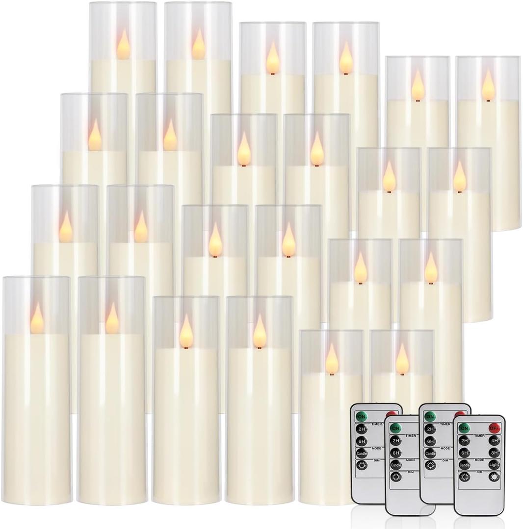 fclayvts 24 Packs of Acrylic LED Candles, Flickering Flameless Candles Battery Operated with Remote Dimmed and Timed, 3D Wick Candles for Home Decor,Wedding,GiftParties and Festivals. (3 Size)