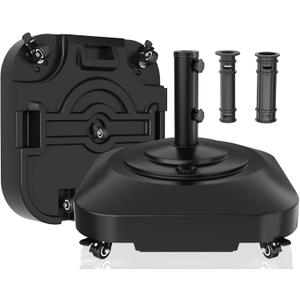 Patio Umbrella Base,Heavy Duty Umbrella Stand with 5 Wheels, Max 135lb Fillable Umbrella Holder Wind-Resistant, Mobile Square Market Stand for Outdoor, Deck, Poolside, Lawn, Fits Most Sized Umbrellas (Black)