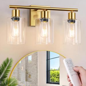 Battery Operated Wall Sconce, 3-Light Dimmable Rechargeable Wireless Vanity Light Fixture with Remote & Bulbs, Gold Indoor Non-Hardwired Decor Wall Lamp for Bedroom, Living Room, Hallway, Mirror