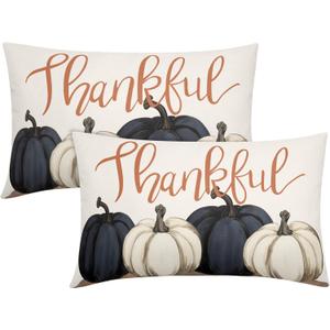 Blue And White Pumpkins Pillow Covers Fall Decorative Lumbar Pillows 12x20 Set of 2 Autumn Thanksgiving Throw Pillow Covers Farmhouse Pillowcases Cotton Linen Cushion Cover For Couch Bed Sofa Chair