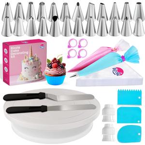Riccle 94 pcs Cake Decorating Kit with Cake Turntable - Includes 50pcs 16 Inch Disposable + 2 Reusable Piping Bags and Tips Set, 24 Icing Piping Tips, 2 Spatulas, 3 Icing Comb Scraper, 6 Cake Liners