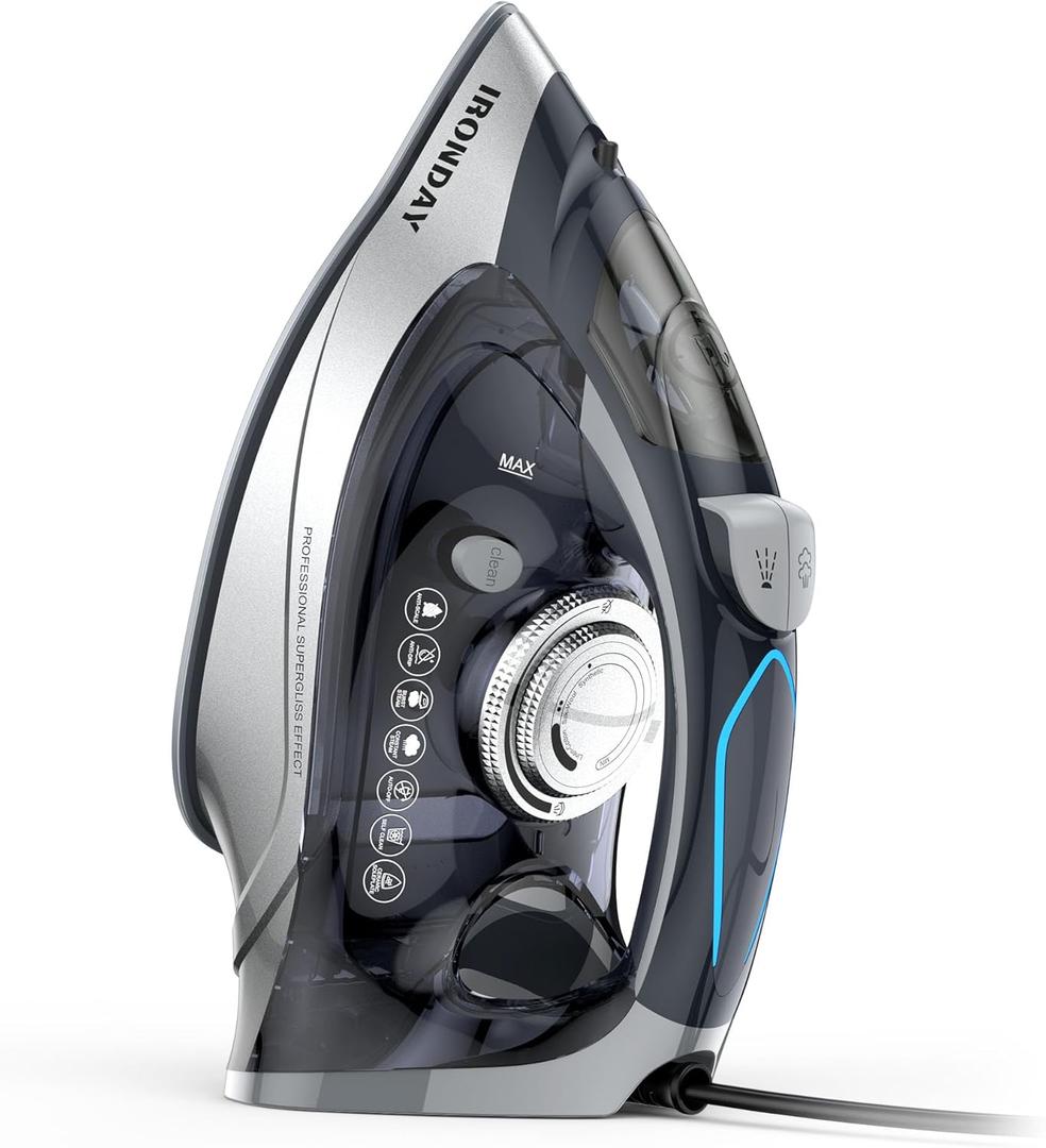 Steam Iron for Clothes Rapid Heating, 1700W Iron Burst of Steam, Non-Stick Ceramic Soleplate, Auto shutoff, Anti-Drip, Self-Cleaning, 10.14oz Water Tank Ironing Clothes for All Fabrics, Grey