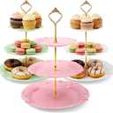 Nexboraque 3 Pack 3 Tier Plastic Cupcake Stand, Dessert Cup Cake Holder Tower Reusable Tiered Serving Tray with Metal Rod Pastry Platter for Wedding, Birthday, Tea Party - White Green Pink