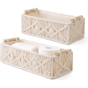 Mkono Macrame Storage Baskets Boho Decor Box Handmade Woven Decorative Countertop Toilet Tank Shelf Cabinet Organizer for Bedroom Livingroom Home, Set of 2, Ivory