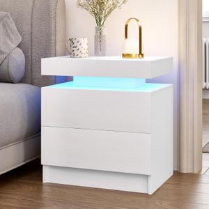 LED Nightstand, Modern White Night Stand End Tables with APP & Remote Control LED Lighting, 2 Drawers, Open Shelf Storage, Bedside Tables for Bedroom & Living Room, 20" x 20" x 14"