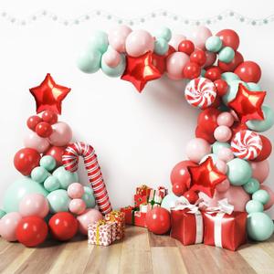 HOUSE OF PARTY Christmas Balloons Arch Kit - Christmas Balloons Red and Mint with Candy Cane Mylar Balloons with Candy Cane for Xmas Decorations