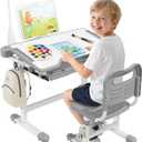 BIERUM Kids Desk and Chair Set - 55° Tiltable Student Desk, Ergonomic Widened Desktop Table with Painting Mat, Bookstand and 3 Modes LED Lamps for Kids Ages 3-12, Height Adjustable, Gray (Light Gray)