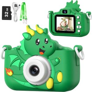 goopow Kids Selfie Camera Toys for Girls Age 3-9, Digital Video Camera Toy with Protective Cover,Christmas Birthday Festival Gifts for 3-9 Year Old Girls Boys- 32GB SD Card Included (Green-H25)