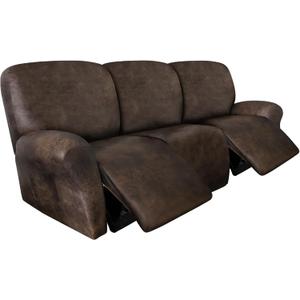 Leather Look Recliner Couch Cover 8-Piece Recliner Sofa Slipcovers 3 Seater for Reclining Couches Furniture Protector Spandex Fabric Washable (Recliner Sofa, Brown)